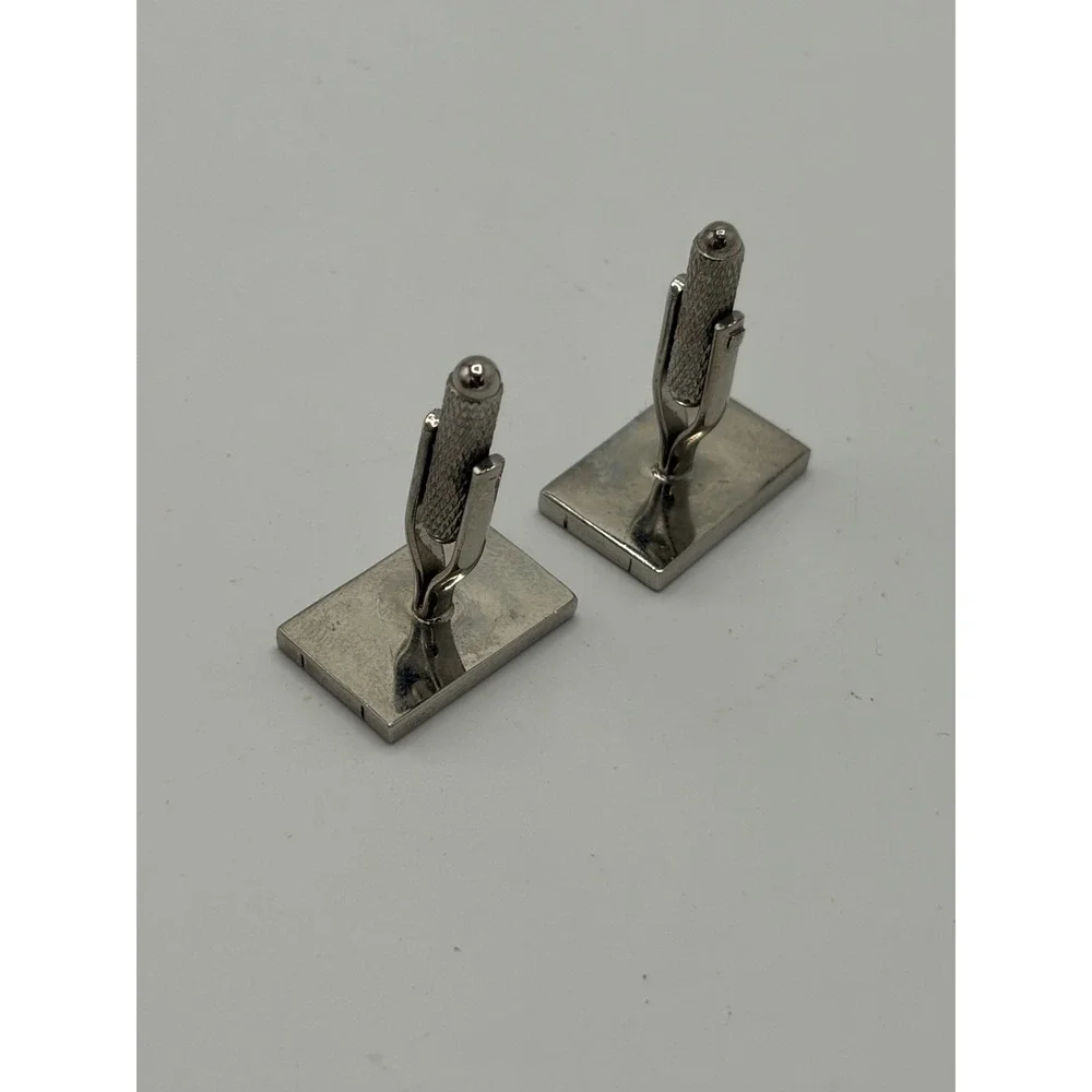 Vintage MCM Modernist‎ Cufflinks H Engraved Silver Tone Metal